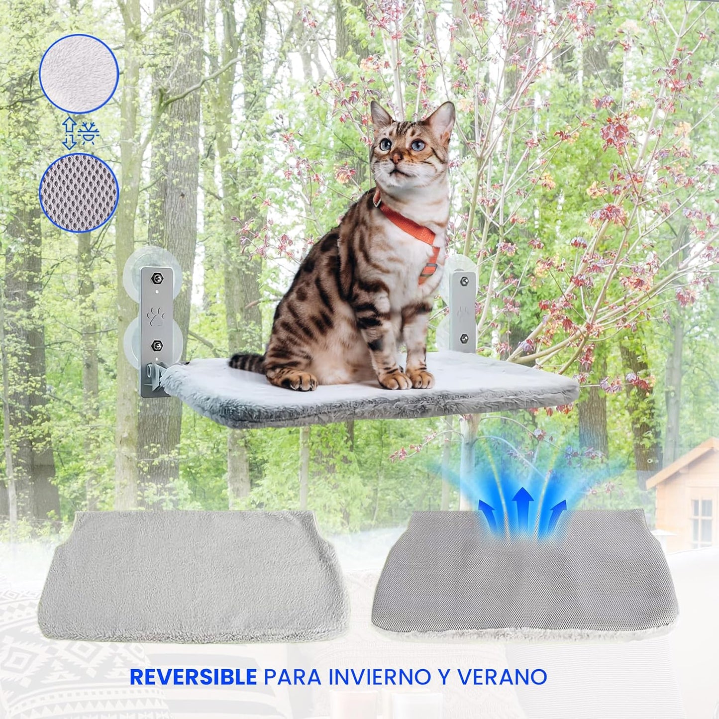 Hamaca Perchero Plegable de Ventana para Gatos – Reversible, Resistente hasta 25 kg, con Ventosas Extra Fuertes y Puntero LED de Juego